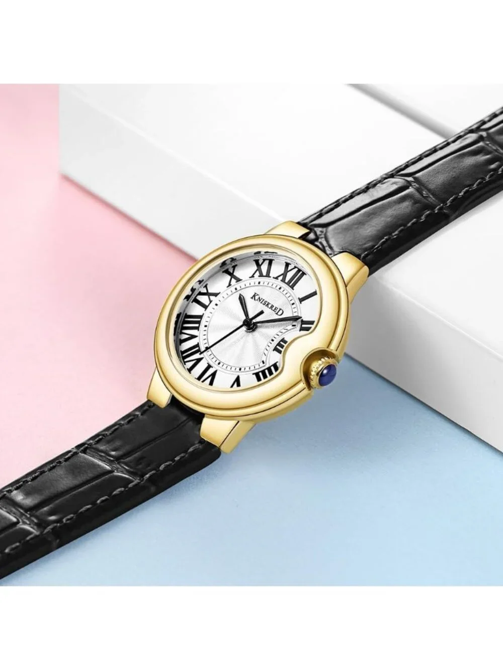 Women's Black Gold Roman Numerals Solid Vintage Leather Strap Wrist Watches